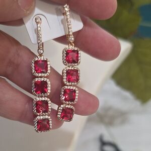 Elegant 14k Gold Plated Red and Gold Drop Earrings with Rhinstones